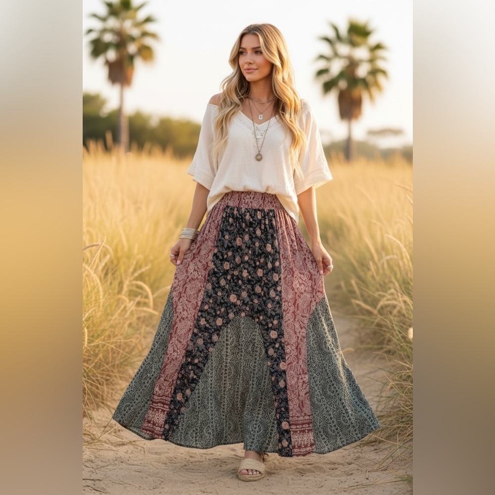 NWT Angie Boho Mixed Media Floral Print Maxi Skirt - Picture 4 of 9